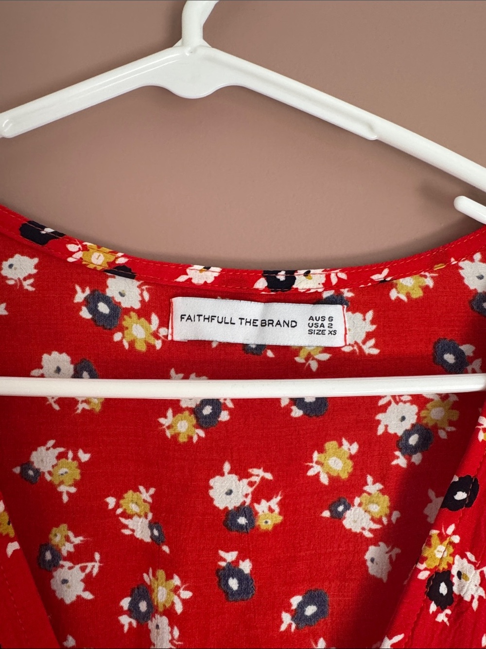 Faithfull the Brand Red Floral Dress with White, Navy, and Yellow Blooms